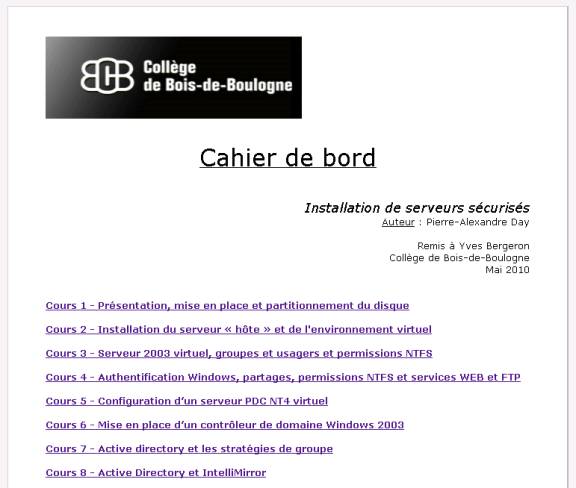 Exemple de cahier de bord: la page principale